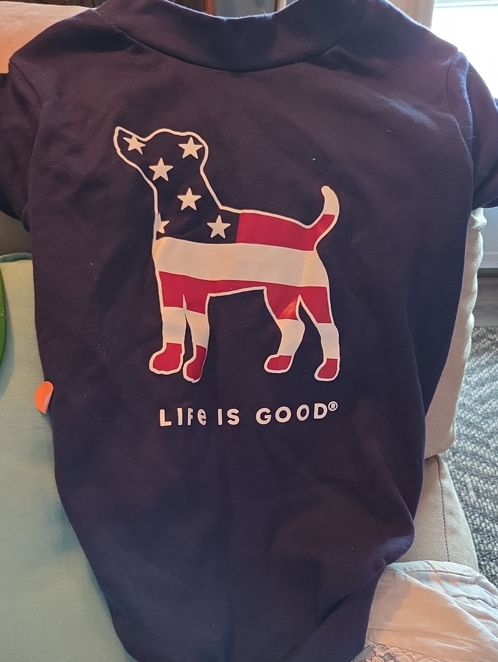 Life Is Good Navy Dog Tee with Red & White American Flag Pup Graphic